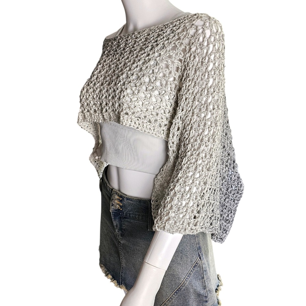Handmade Crochet Shrug Gray Ombre Open Knit Festival Wrap Shawl - Picture 5 of 11
